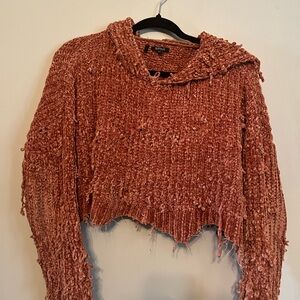 Buffalo David Bitton Brown Cropped Hoodie with Chunky Knit